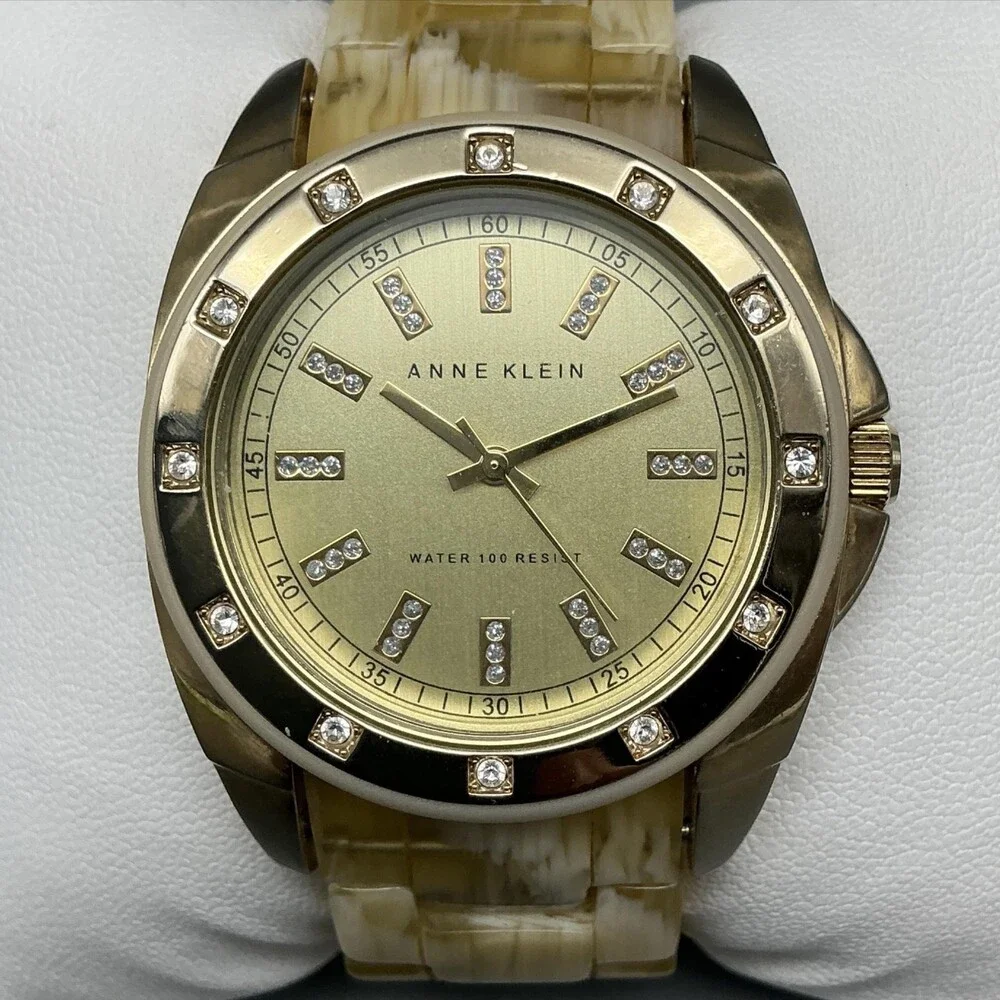 Anne Klein Womens Watch 36mm Gold Tone Resin Bracelet Crystals New Battery 6